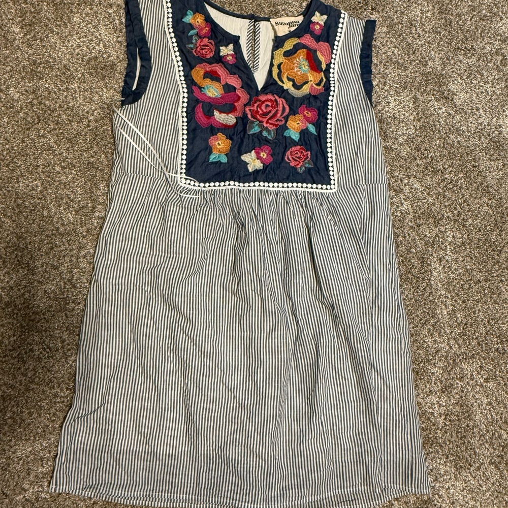 Savanna Jane Navy and White Striped Dress with Floral Embroidery